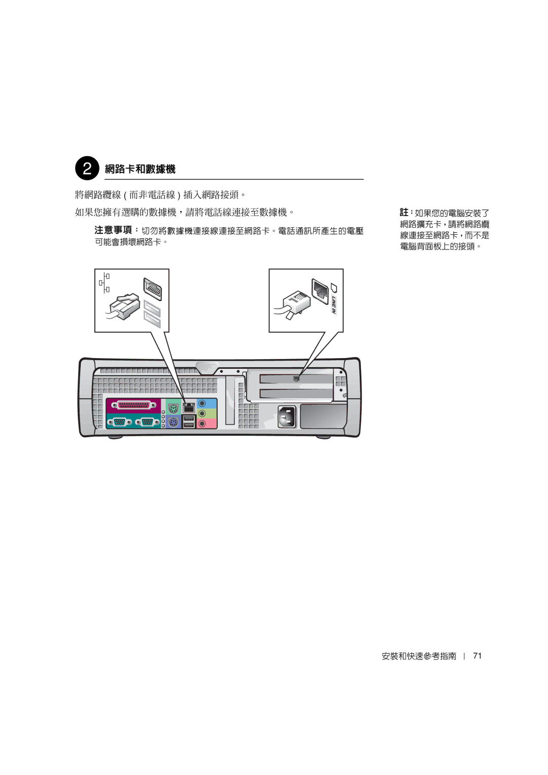 Dell 0G475 manual 將網路纜線 而非電話線 插入網路接頭。 如果您擁有選購的數據機，請將電話線連接至數據機。 