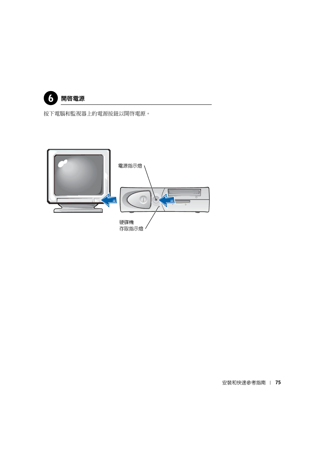 Dell 0G475 manual 電源指示燈 硬碟機 存取指示燈 安裝和快速參考指南 