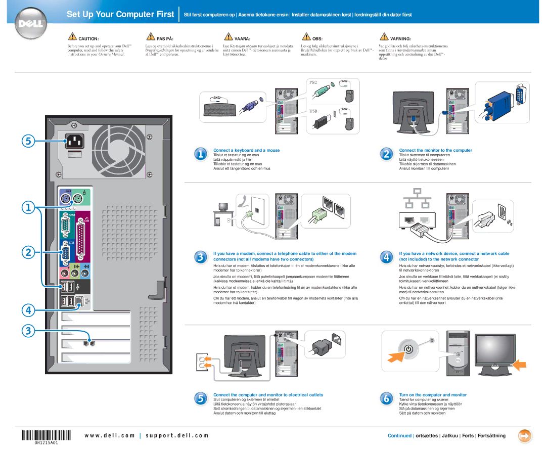 Dell 0H1215A01 owner manual Pas På, Vaara, Obs, Varning 