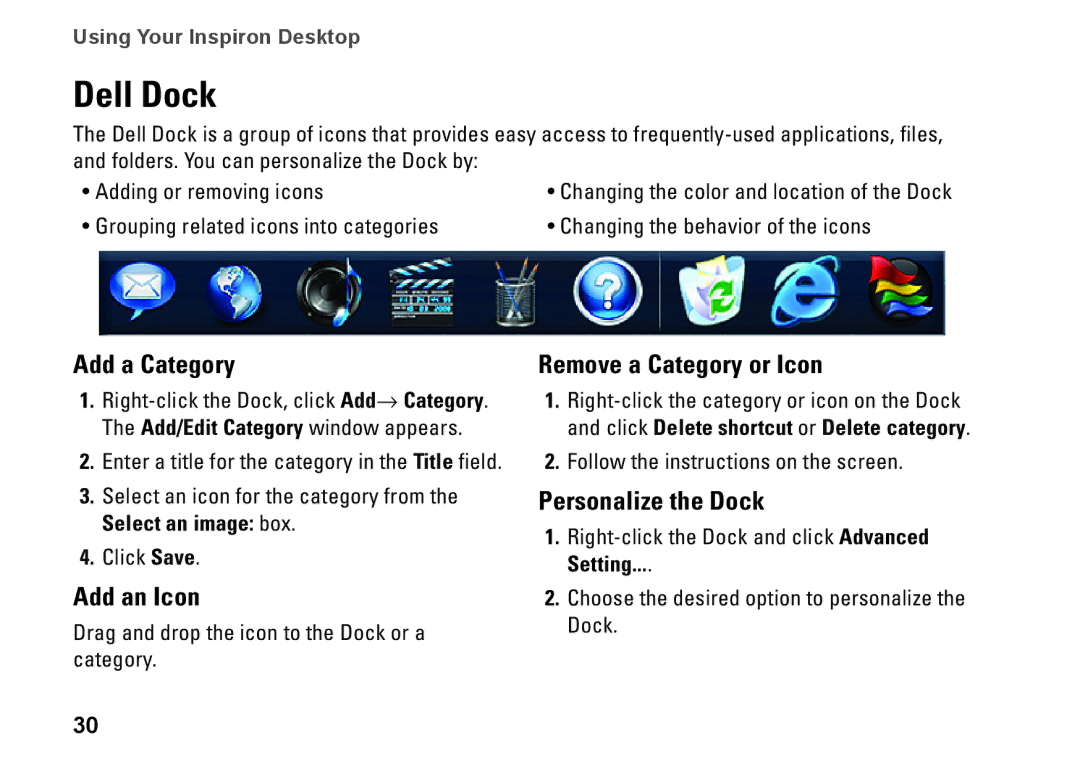 Dell 0H4MWDA00, D02U002, D02U001 Dell Dock, Add a Category, Add an Icon, Remove a Category or Icon, Personalize the Dock 