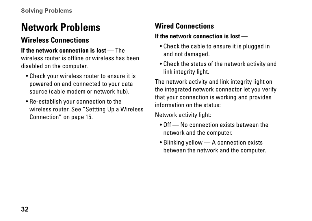 Dell 0H4MWDA00, D02U002 Network Problems, Wireless Connections, Wired Connections, If the network connection is lost 