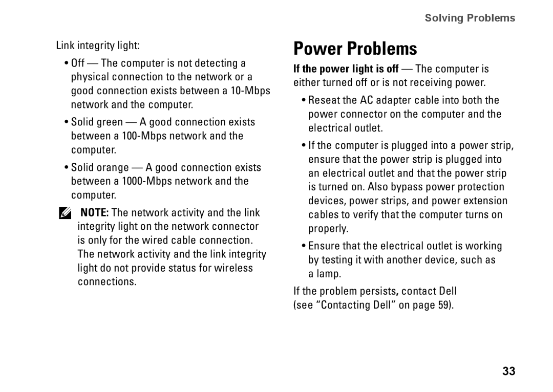 Dell 0H4MWDA00, D02U002, D02U001 setup guide Power Problems 