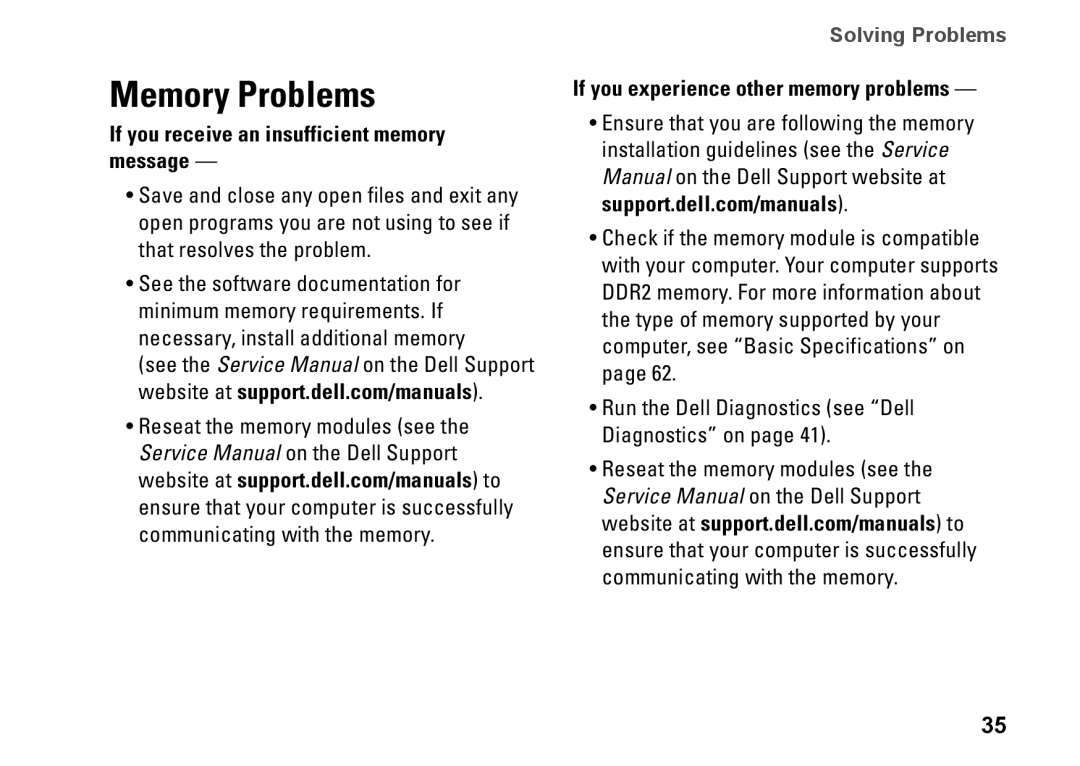 Dell H4MWD, D02U Memory Problems, If you receive an insufficient memory message, If you experience other memory problems 