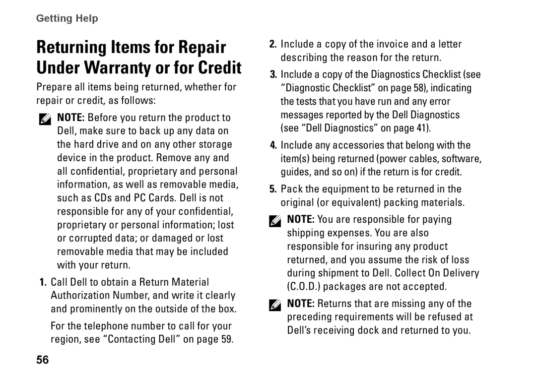 Dell D02U001, 0H4MWDA00, D02U002 setup guide Returning Items for Repair Under Warranty or for Credit 