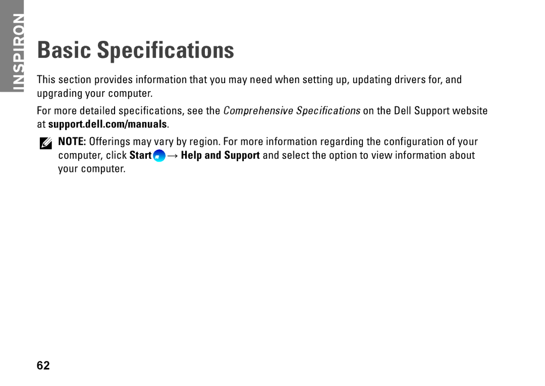 Dell 0H4MWDA00, D02U002, D02U001 setup guide Basic Specifications 