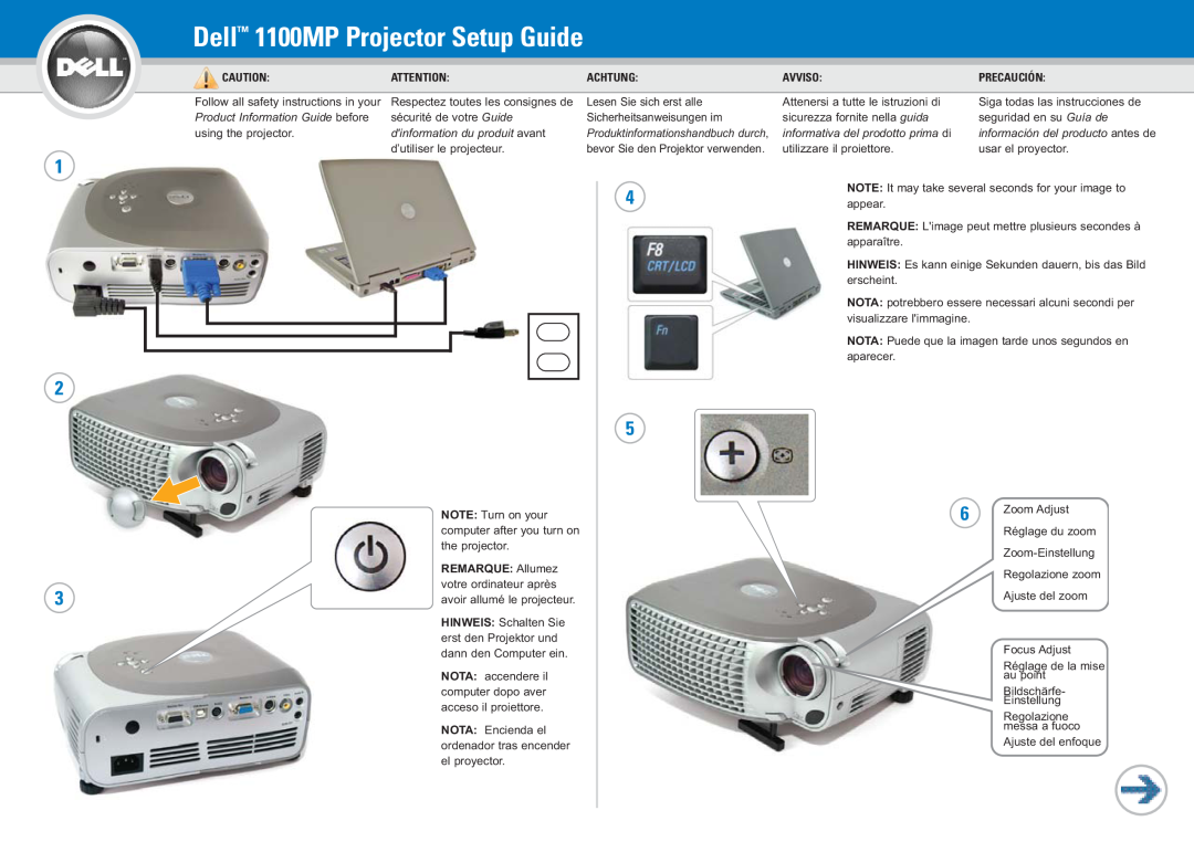 Dell 0H8213A00 setup guide Dell 1100MP Projector Setup Guide, Achtung, Avviso 