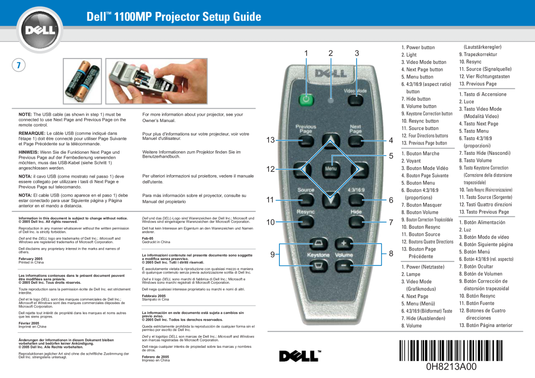 Dell setup guide Dell 1100MP Projector Setup Guide, 0H8213A00XXXXX 