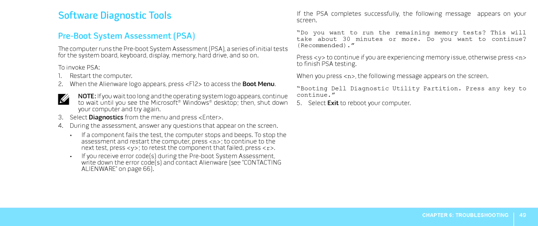 Dell 0JYTRGA00, Aurora-R2 manual Software Diagnostic Tools, Pre-Boot System Assessment PSA 