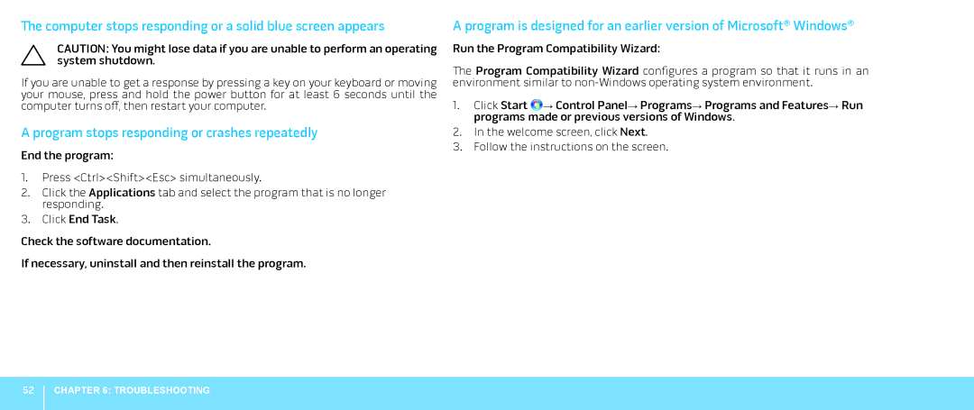 Dell JYTRG manual Computer stops responding or a solid blue screen appears, Program stops responding or crashes repeatedly 