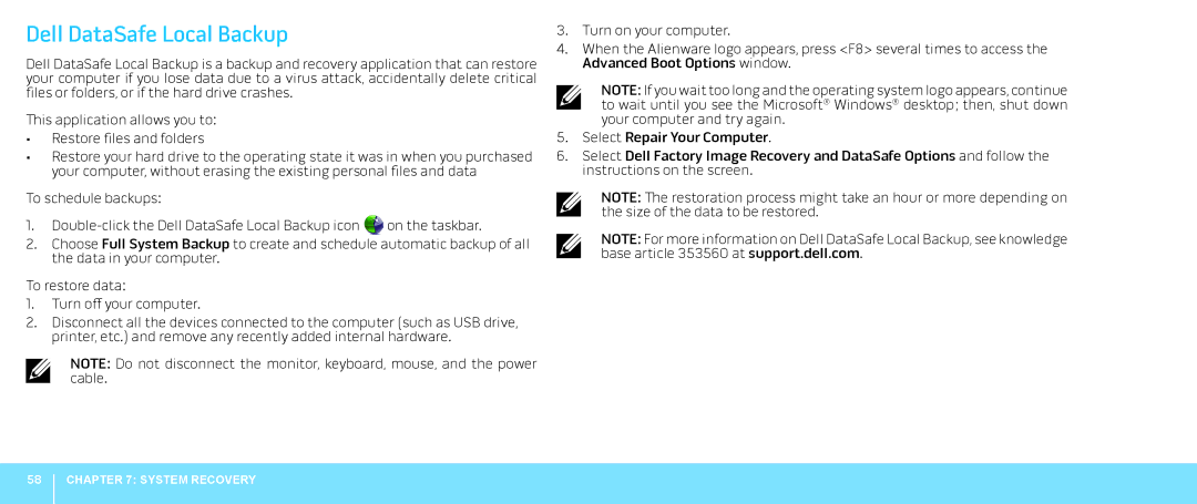 Dell 0JYTRGA00, Aurora-R2 manual Dell DataSafe Local Backup 