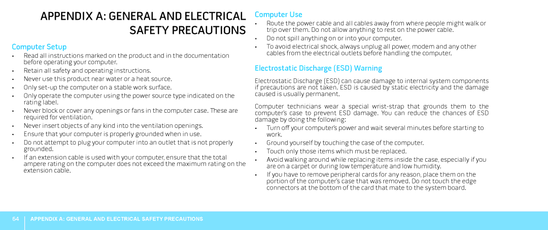 Dell 0JYTRGA00, Aurora-R2 manual Computer Setup, Computer Use, Electrostatic Discharge ESD Warning 