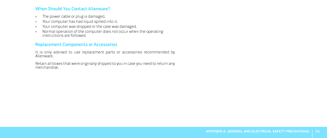 Dell Aurora-R2, 0JYTRGA00 manual When Should You Contact Alienware?, Replacement Components or Accessories 