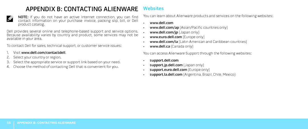 Dell 0JYTRGA00, Aurora-R2 manual Appendix B Contacting Alienware, Websites 