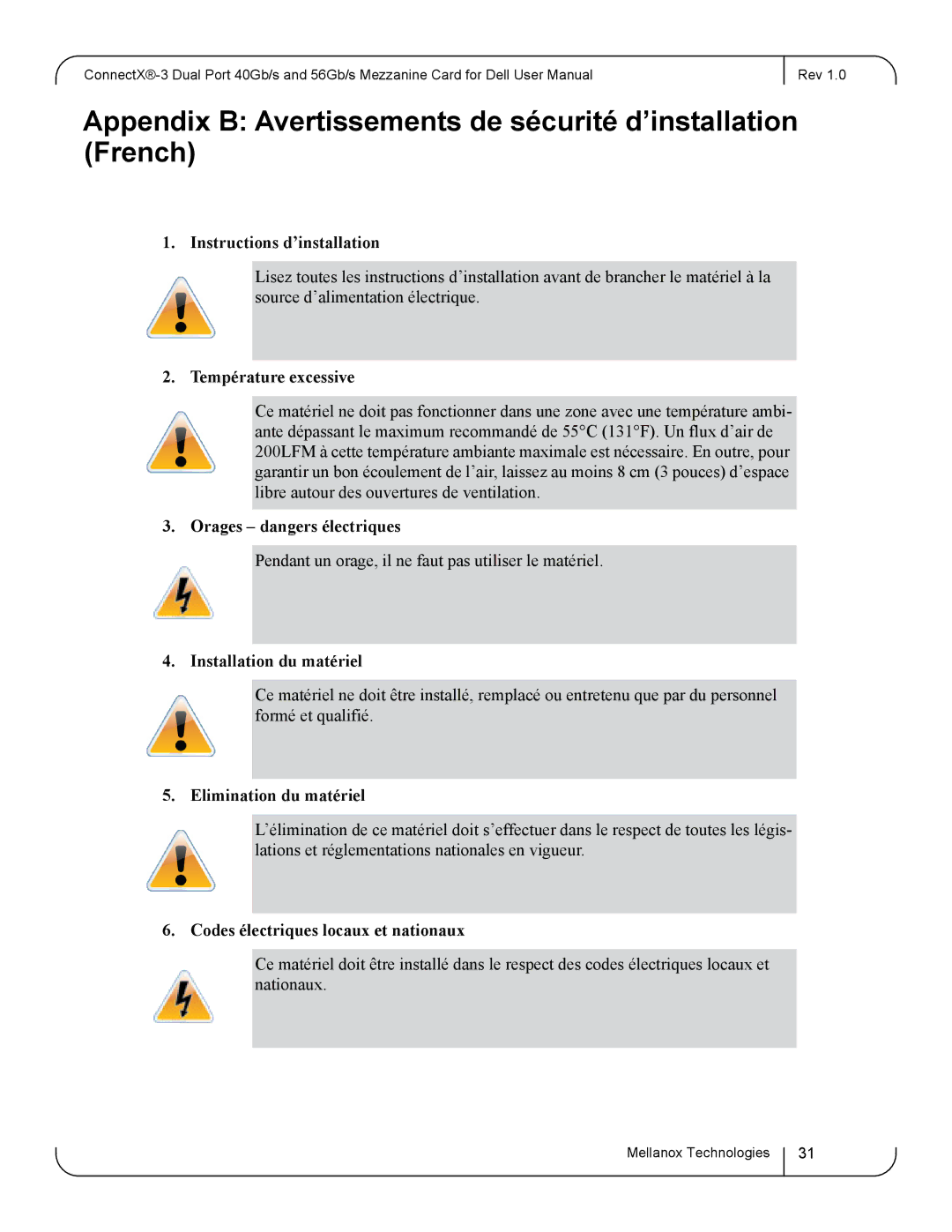 Dell 0J05YT, 0K6V3V user manual Appendix B Avertissements de sécurité d’installation French 