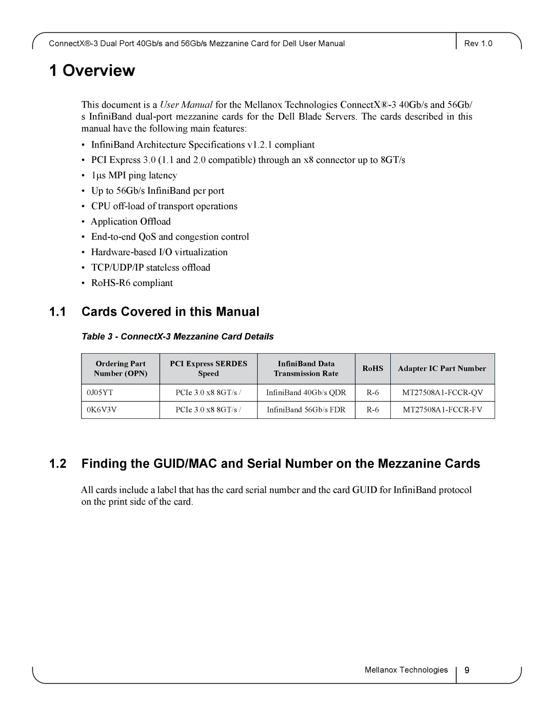 Dell 0J05YT, 0K6V3V user manual Overview, Cards Covered in this Manual, ConnectX-3 Mezzanine Card Details 