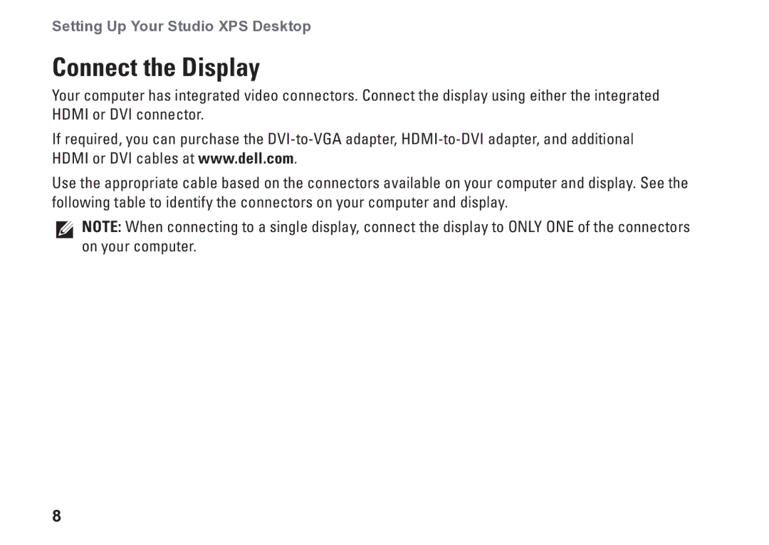 Dell 7100, 0KM04CA00, D03M002 setup guide Connect the Display 