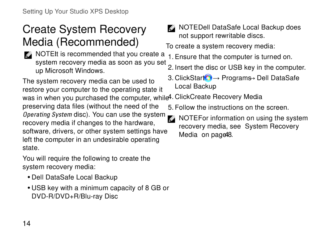 Dell 0KM04CA00, 7100, D03M002 setup guide Create System Recovery Media Recommended 