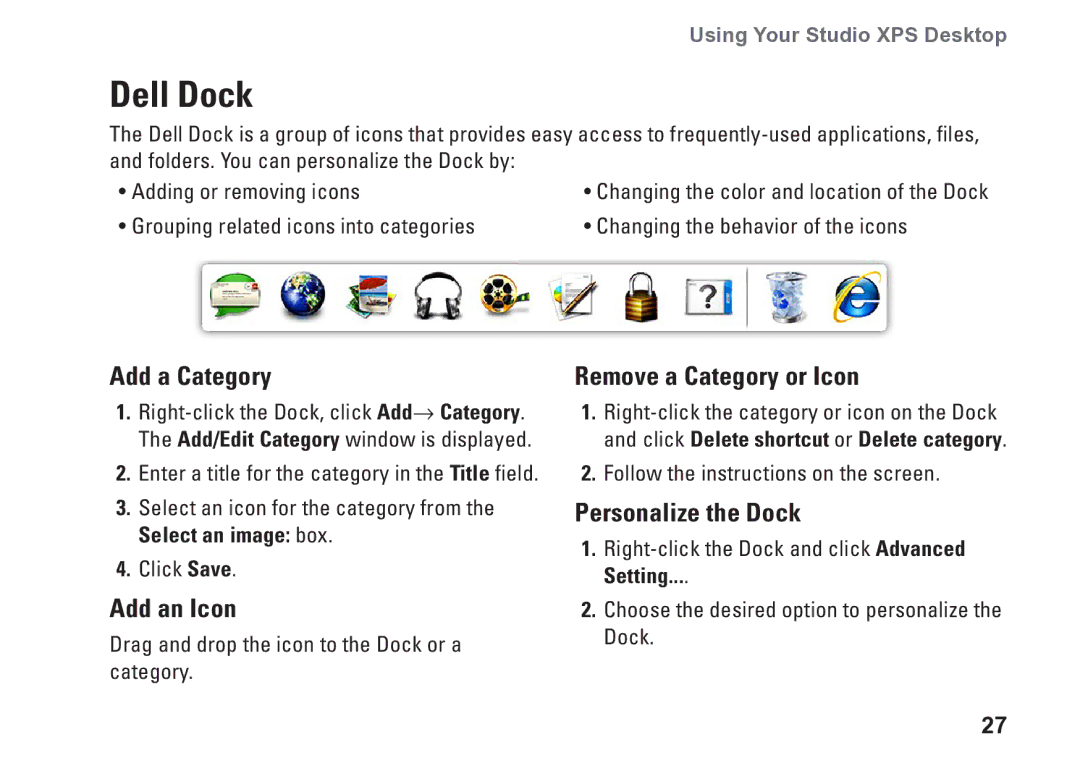 Dell 0KM04CA00, 7100, D03M002 Dell Dock, Add a Category, Add an Icon, Remove a Category or Icon, Personalize the Dock 