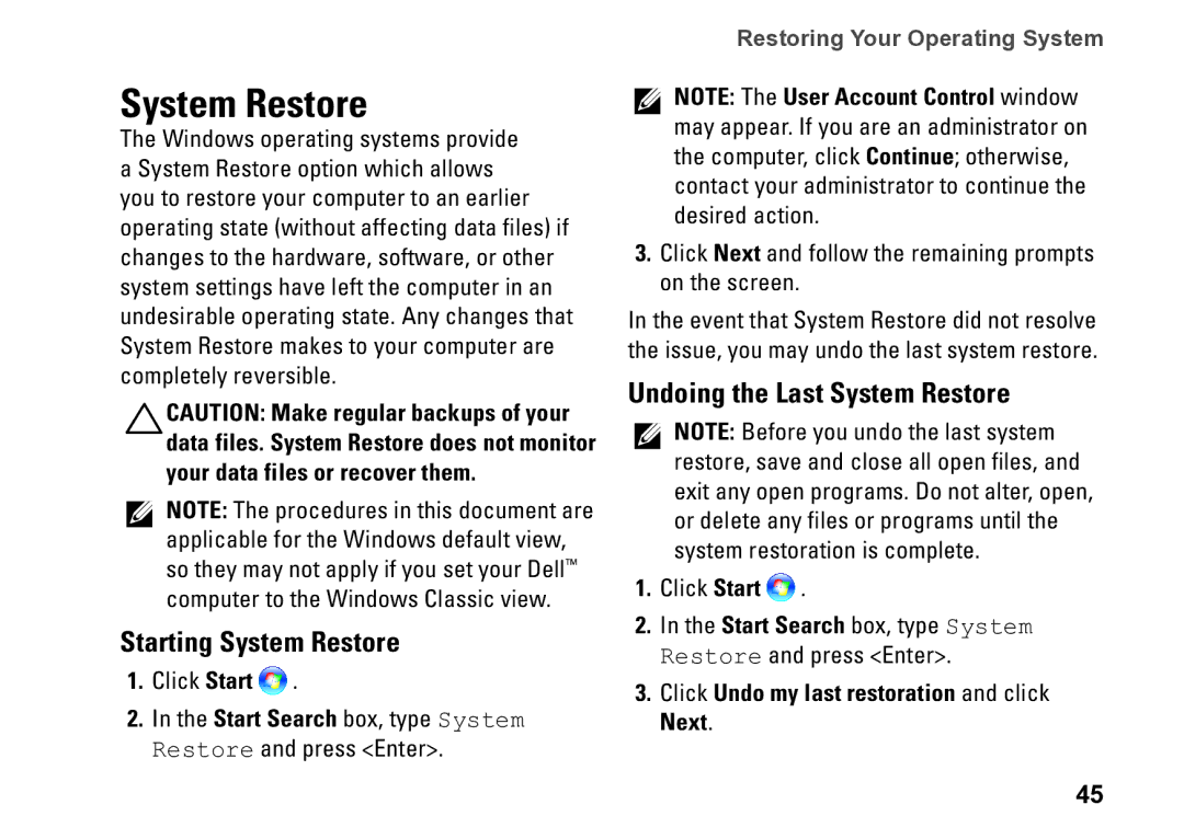 Dell D03M002 Starting System Restore, Undoing the Last System Restore, Click Undo my last restoration and click Next 