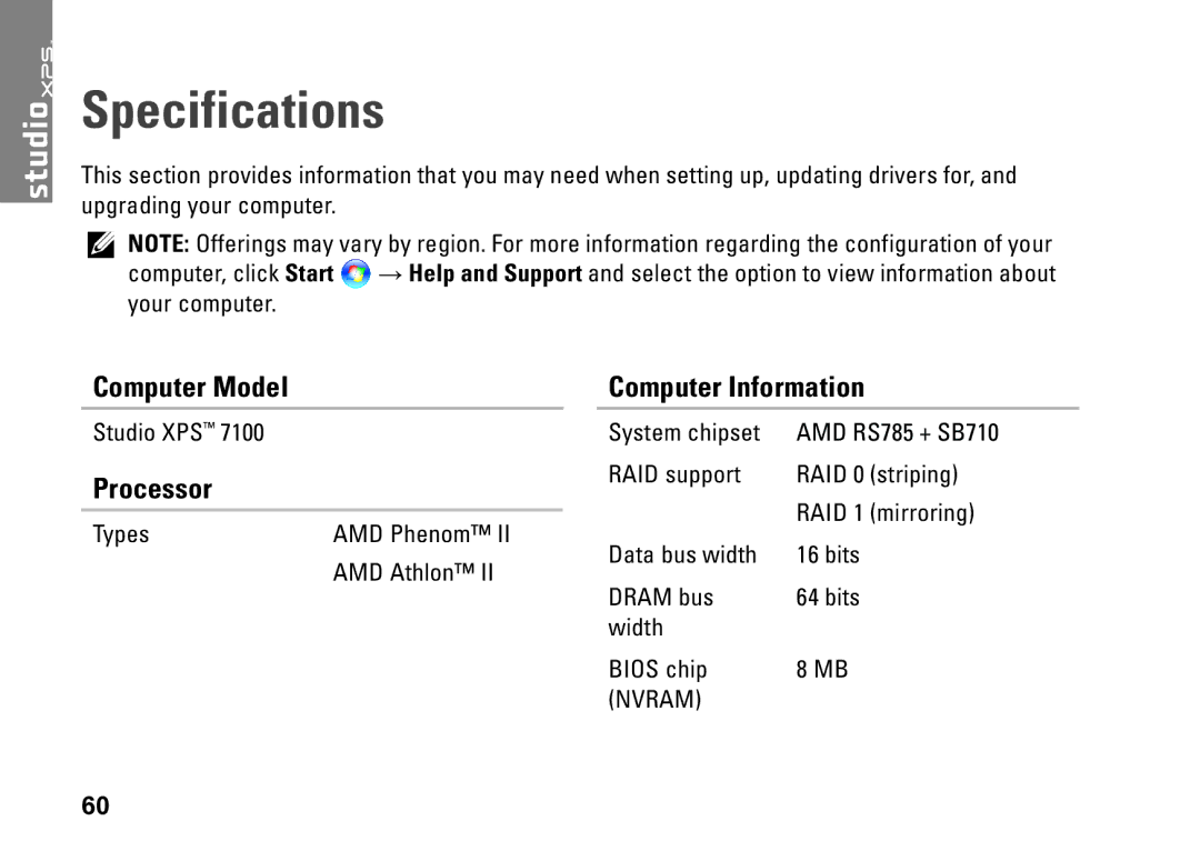 Dell 7100, 0KM04CA00, D03M002 setup guide Specifications, Computer Model, Processor, Computer Information 