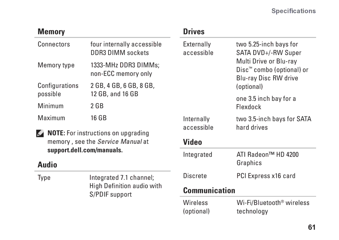 Dell D03M002, 0KM04CA00, 7100 setup guide Memory, Audio, Drives, Video, Communication 