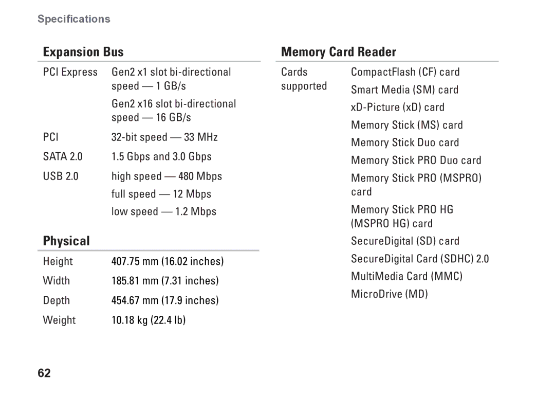 Dell 0KM04CA00, 7100, D03M002 setup guide Expansion Bus, Physical, Memory Card Reader 