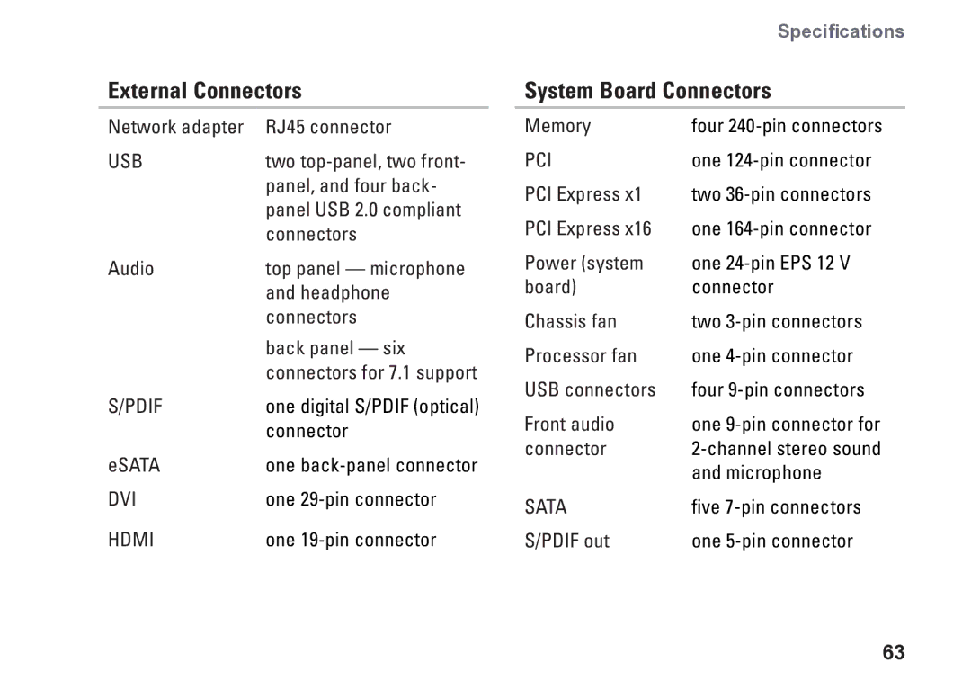 Dell 0KM04CA00, 7100, D03M002 setup guide External Connectors, System Board Connectors 