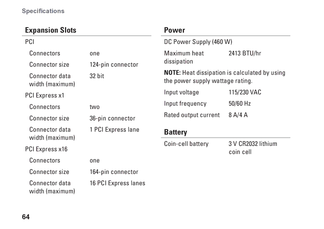 Dell 7100, 0KM04CA00, D03M002 setup guide Expansion Slots, Power, Battery 