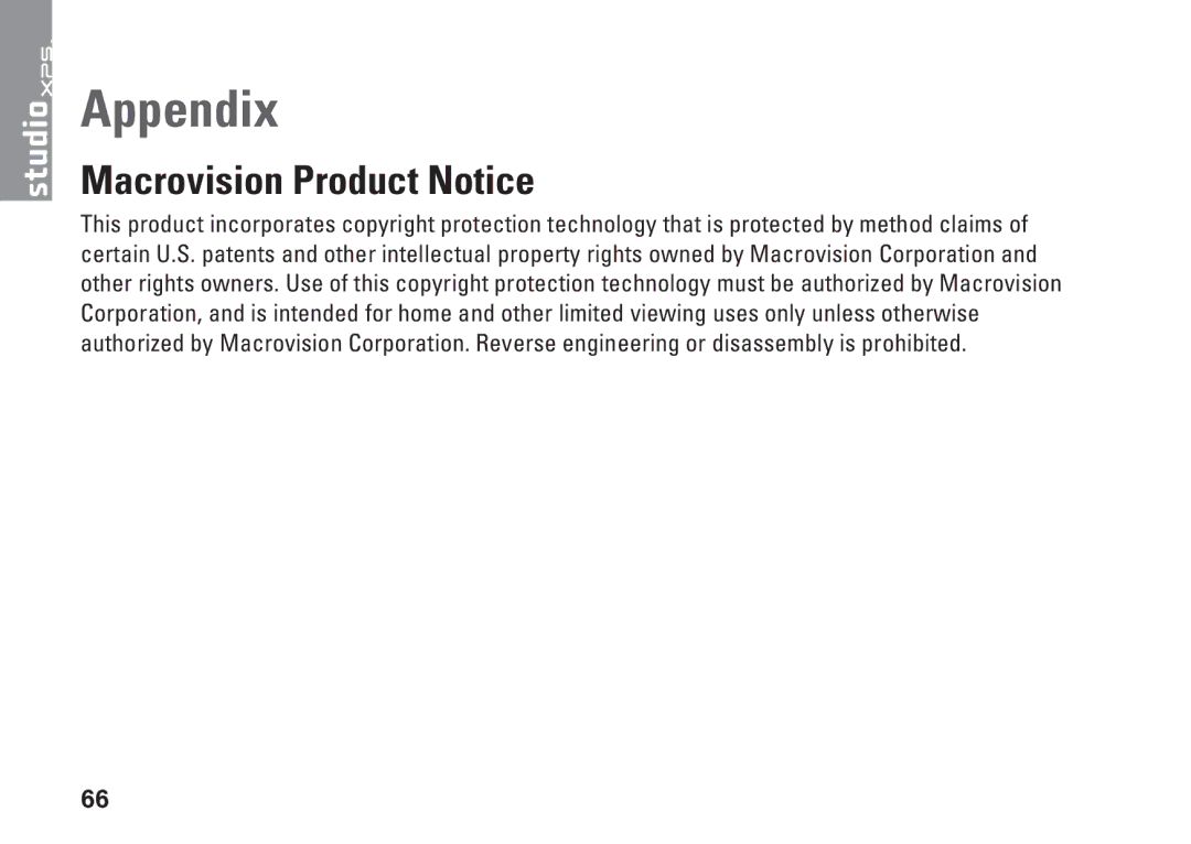 Dell 0KM04CA00, 7100, D03M002 setup guide Appendix, Macrovision Product Notice 