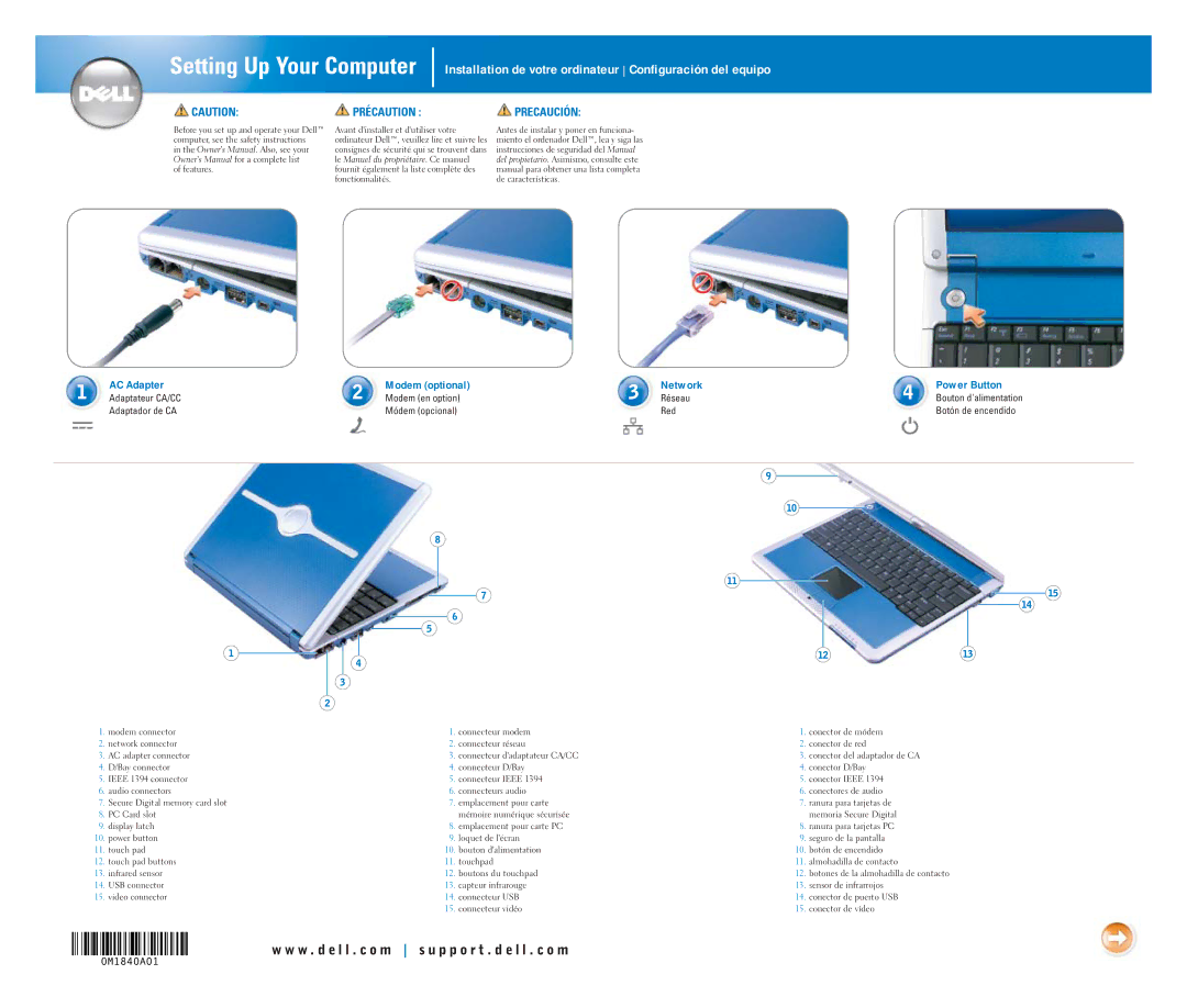 Dell 0M1840A01 owner manual Installation de votre ordinateur Configuración del equipo, Précaution, Precaución 