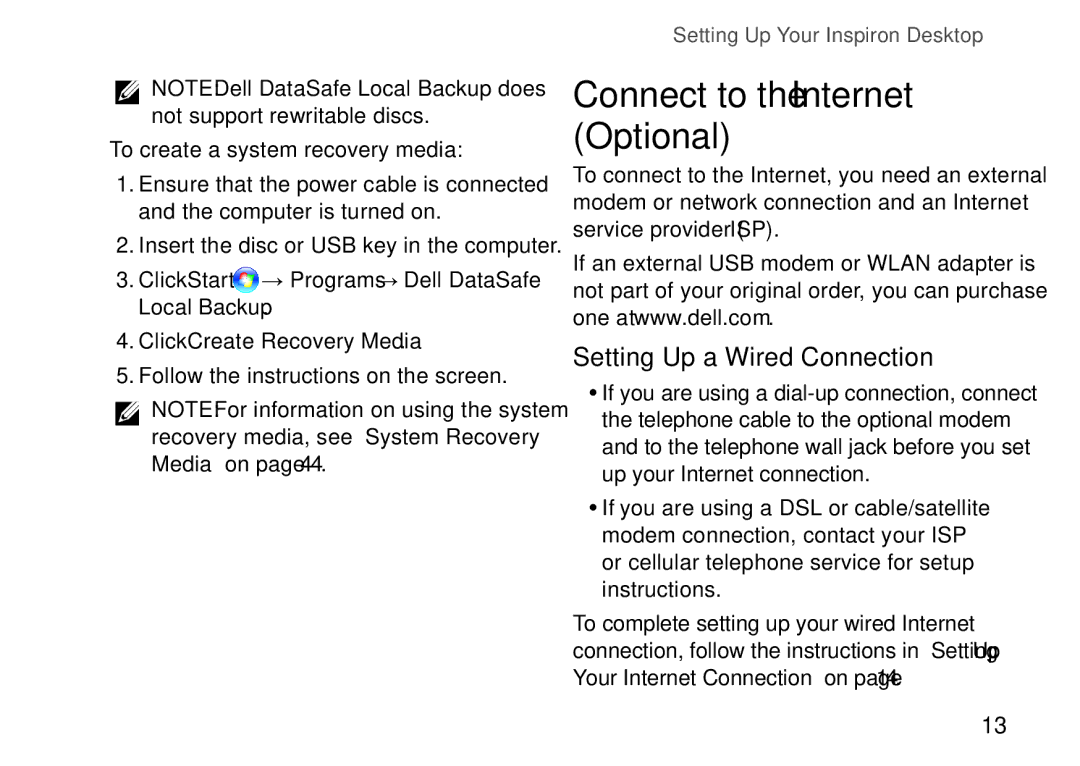 Dell 0M1PTFA00, DCME Connect to the Internet Optional, Setting Up a Wired Connection, To create a system recovery media 