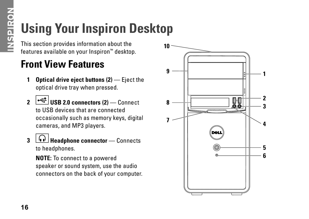 Dell D06M001, 0M1PTFA00, DCME Using Your Inspiron Desktop, Front View Features, Optical drive eject buttons 2 Eject 