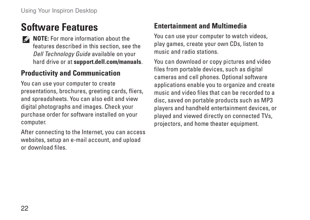 Dell 0M1PTFA00, DCME, D06M001 setup guide Software Features, Productivity and Communication, Entertainment and Multimedia 