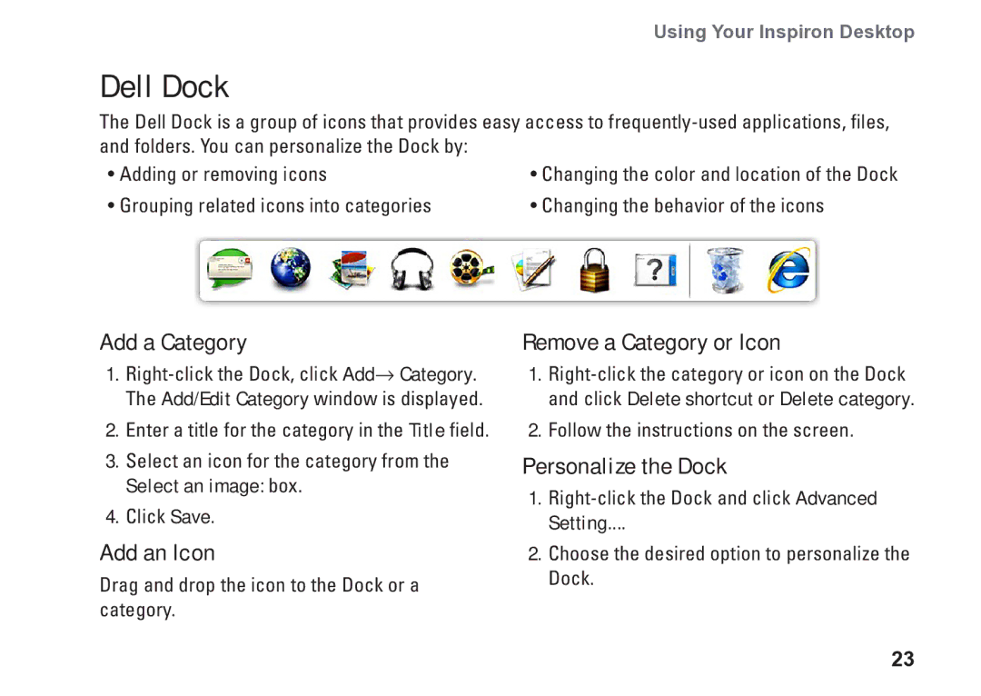 Dell 0M1PTFA00, DCME, D06M001 Dell Dock, Add a Category, Add an Icon, Remove a Category or Icon, Personalize the Dock 