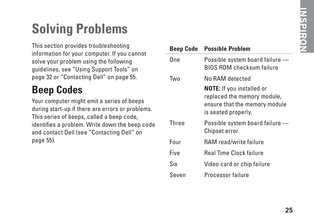 Dell DCME, 0M1PTFA00, D06M001 setup guide Solving Problems, Beep Codes, Beep Code Possible Problem 