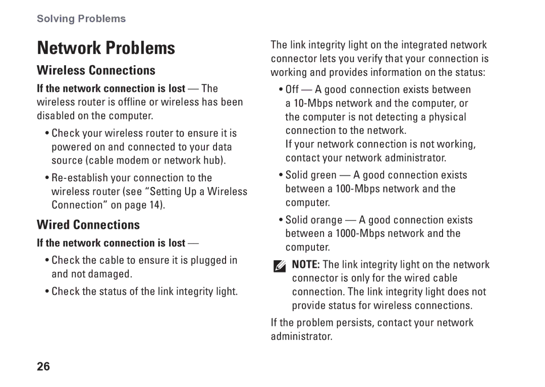 Dell D06M001, 0M1PTFA00, DCME Network Problems, Wireless Connections, Wired Connections, If the network connection is lost 