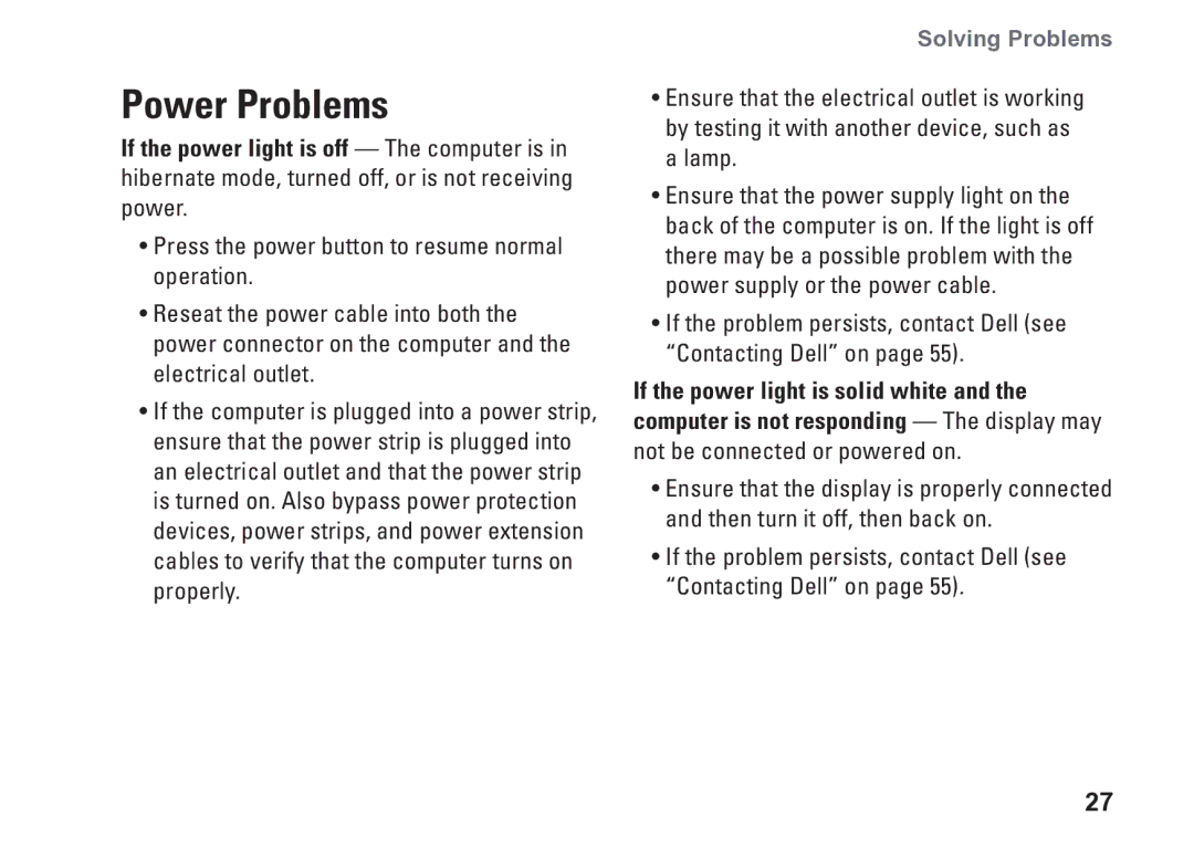 Dell 0M1PTFA00, DCME, D06M001 setup guide Power Problems, If the problem persists, contact Dell see Contacting Dell on 