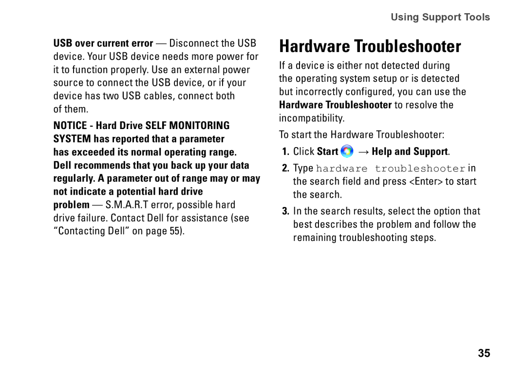 Dell DCME, 0M1PTFA00, D06M001 setup guide Hardware Troubleshooter, Click Start → Help and Support 