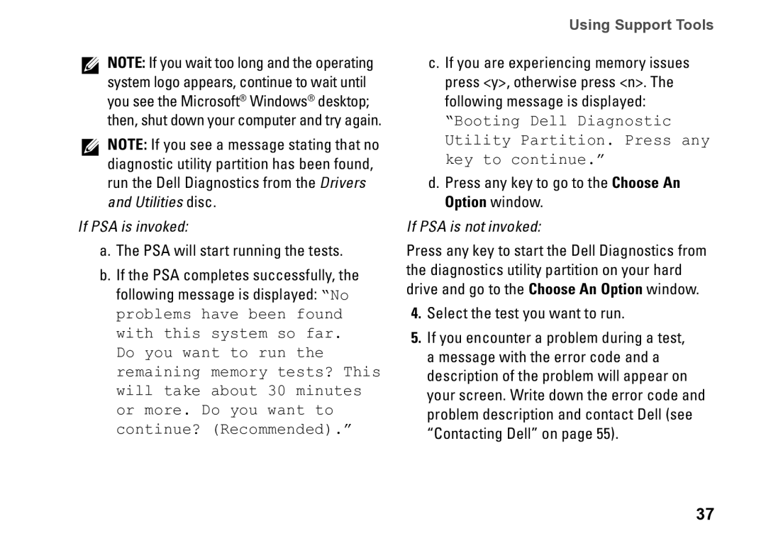 Dell 0M1PTFA00, DCME, D06M001 PSA will start running the tests, Press any key to go to the Choose An Option window 