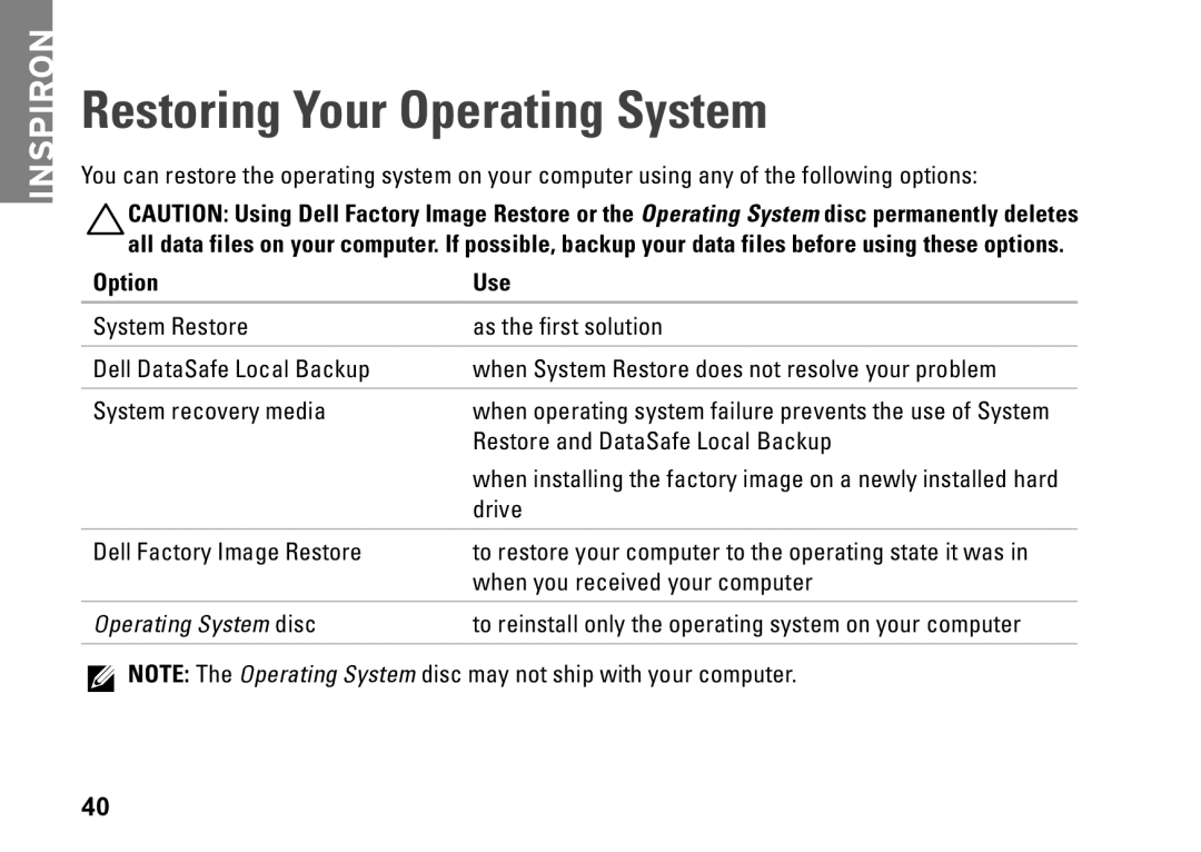 Dell DCME, 0M1PTFA00, D06M001 Restoring Your Operating System, Option Use, Restore and DataSafe Local Backup, Drive 