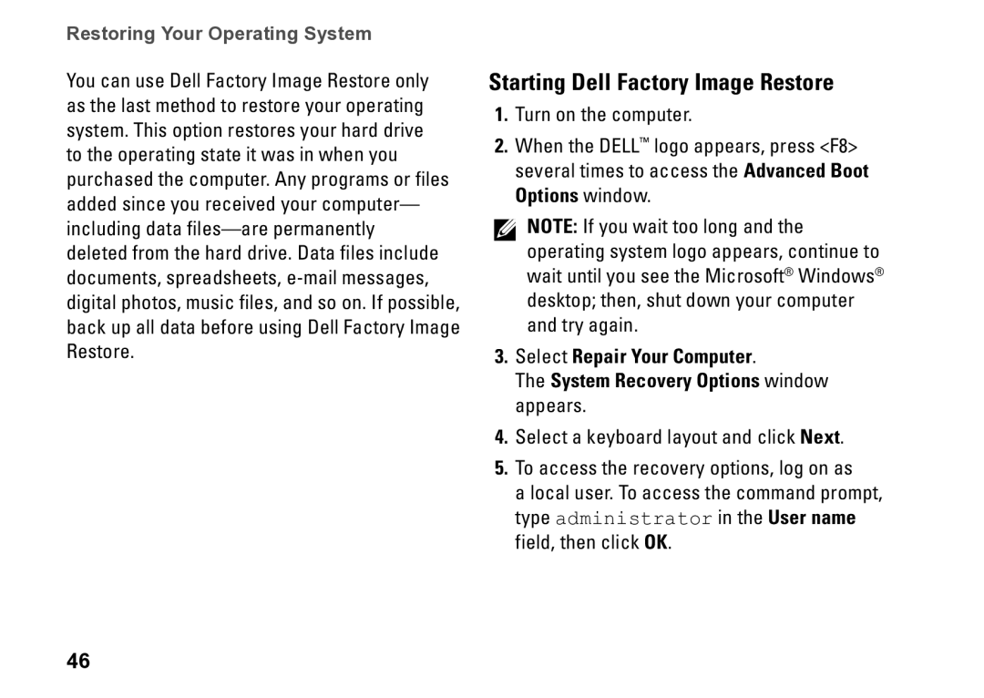 Dell D06M001, 0M1PTFA00, DCME setup guide Starting Dell Factory Image Restore 