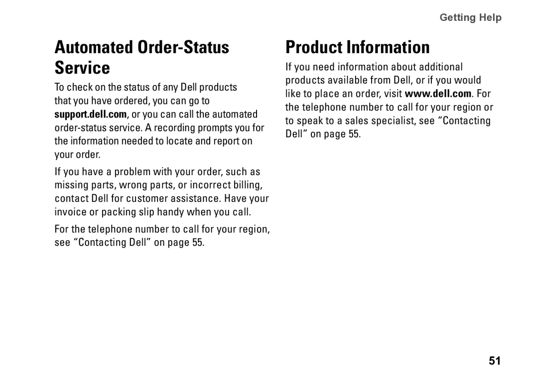 Dell D06M001, 0M1PTFA00, DCME setup guide Product Information, Automated Order-Status Service 