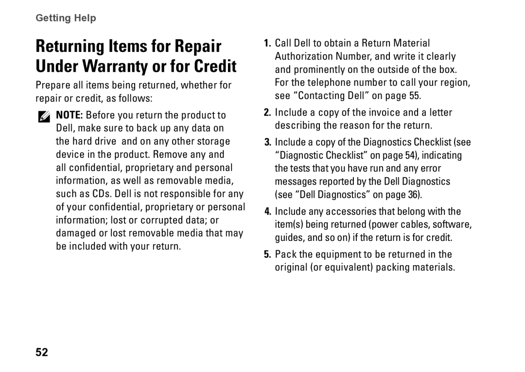 Dell 0M1PTFA00, DCME, D06M001 setup guide Returning Items for Repair Under Warranty or for Credit 