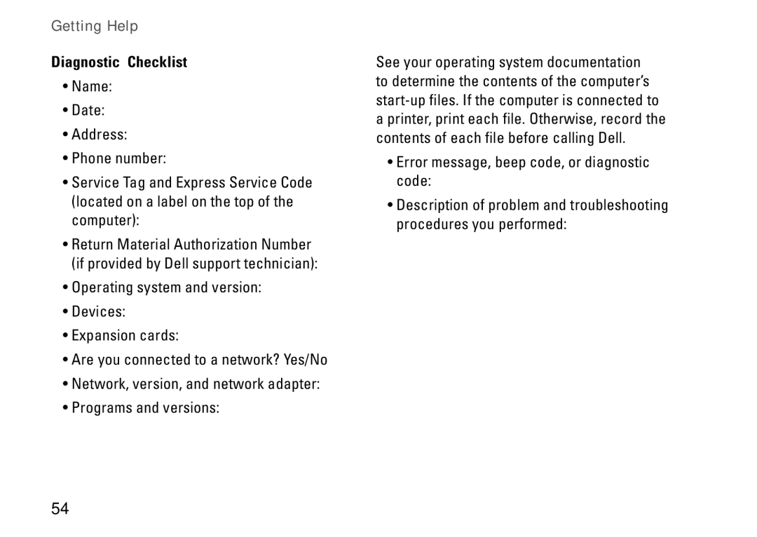 Dell 0M1PTFA00, DCME, D06M001 setup guide Diagnostic Checklist 