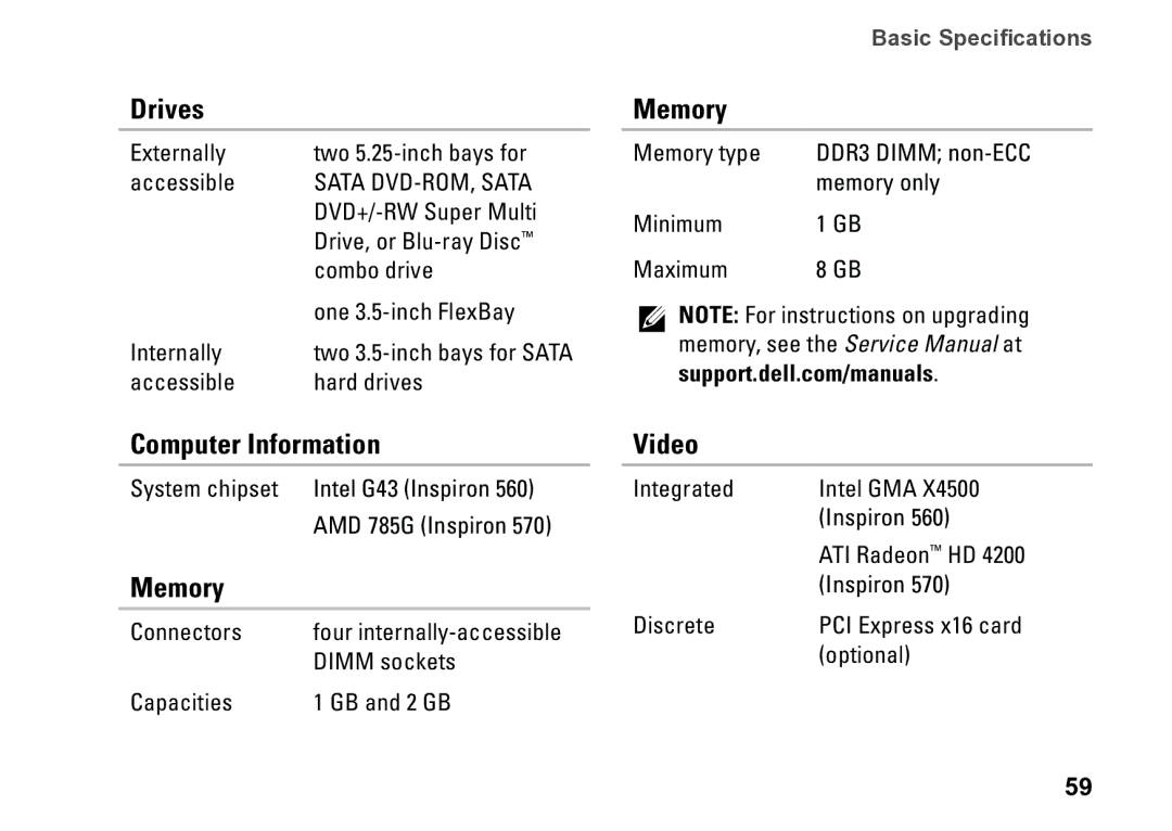 Dell 0M1PTFA00, DCME, D06M001 setup guide Drives, Computer Information, Memory, Video 