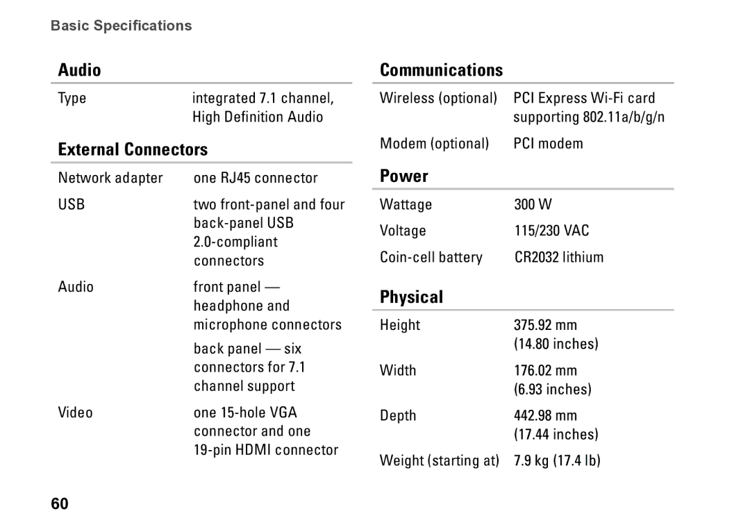 Dell DCME, 0M1PTFA00, D06M001 setup guide Audio, External Connectors, Communications, Power, Physical 