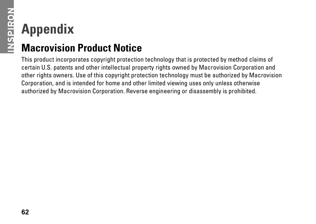 Dell 0M1PTFA00, DCME, D06M001 setup guide Appendix, Macrovision Product Notice 