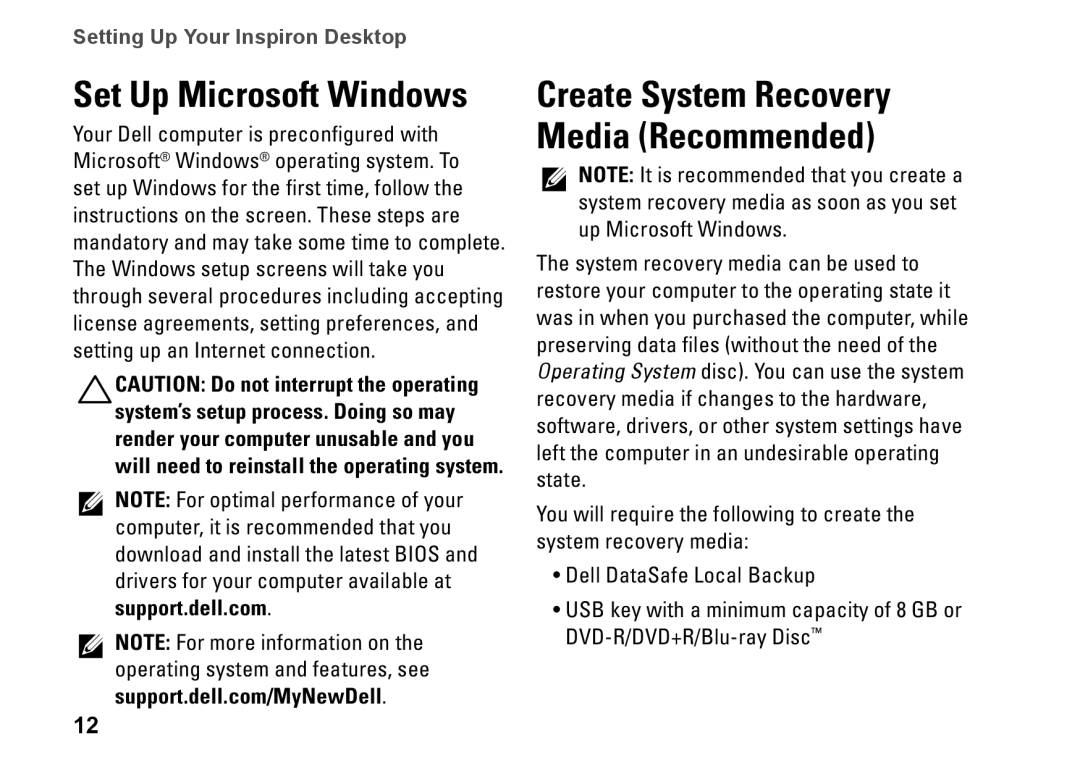 Dell D06M, 0M1PTFA00 Set Up Microsoft Windows, Create System Recovery Media Recommended, Setting Up Your Inspiron Desktop 