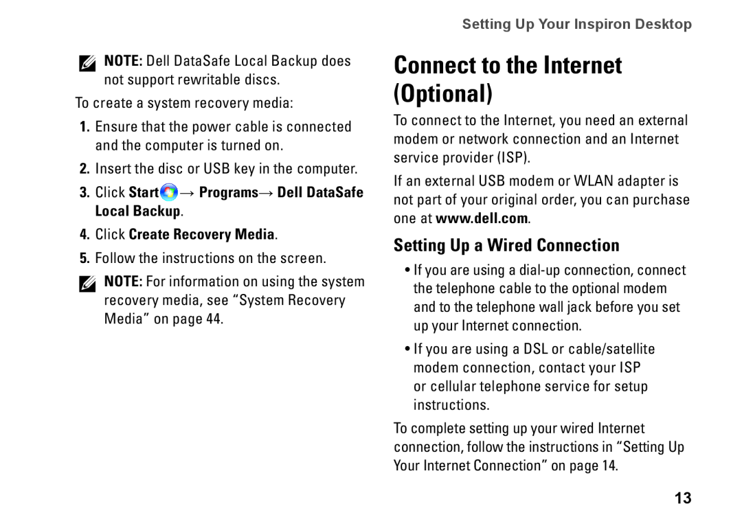 Dell 0M1PTFA00, DCME Connect to the Internet Optional, Setting Up a Wired Connection, Setting Up Your Inspiron Desktop 