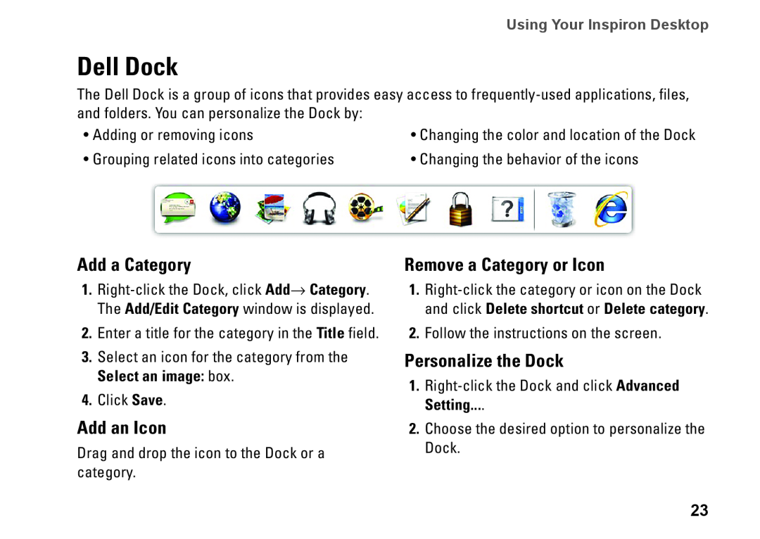 Dell 0M1PTFA00, DCME, D06M001 Dell Dock, Add a Category, Add an Icon, Remove a Category or Icon, Personalize the Dock 